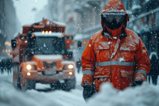 A janitor working against the background of a snowplow in the city.