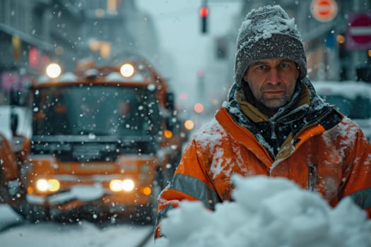 A janitor working against the background of a snowplow in the city.