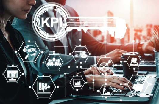 KPI Key Performance Indicator for Business Concept - Modern graphic interface showing symbols of job target evaluation and analytical numbers for marketing KPI management. uds