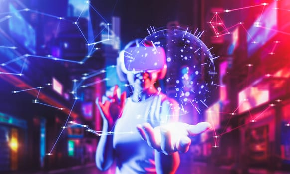 Female standing in cyberpunk neon light wear white VR headset and tank top connecting metaverse, future cyberspace community technology, She holding and see 3D hologram of sphere shape. Hallucination.