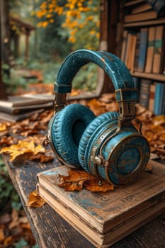 Headphones and a stack of books lie on a wooden table in the library.