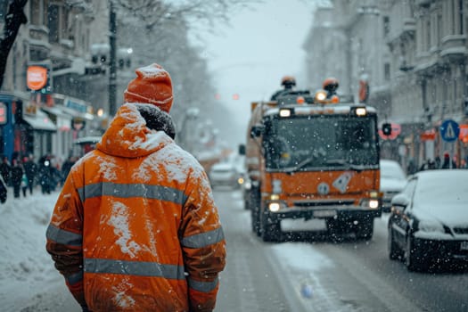 A janitor working against the background of a snowplow in the city.