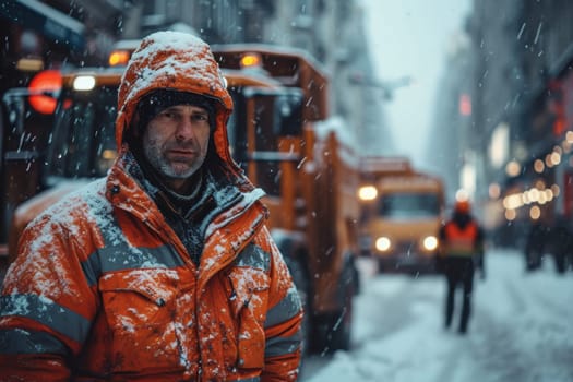 A janitor working against the background of a snowplow in the city.