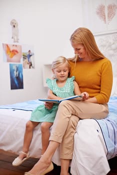 Mother, happy and kids book for bed in bedroom at family home with fantasy story for development. Love, care and support of a mom with a girl together with bonding and learning for youth education.