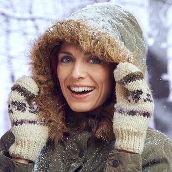 Woman, smile and portrait in nature with snow, winter season with fur coat for fashion, good mood and outdoor. Peace, calm and cold with comfort in jacket for weather, ice or frozen with travel.