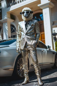 A man in sheep costume is posing next to a silver car with shiny wheel on the road, creating a unique juxtaposition of vehicle and animal disguise