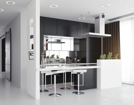 modern kitchen black and white interior. 3d rendering design concept