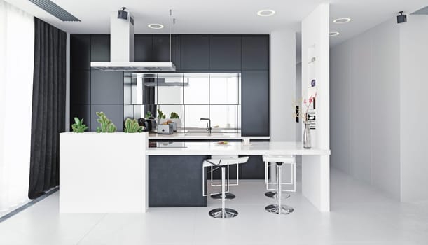 modern kitchen black and white interior. 3d rendering design concept