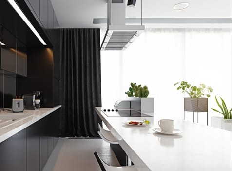 modern kitchen black and white interior. 3d rendering design concept