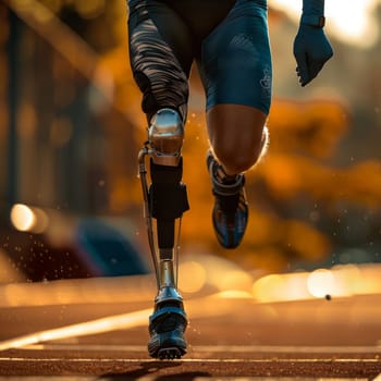 Slow mo front view of amputee athlete with prosthetic blade running on stadium track outdoors.