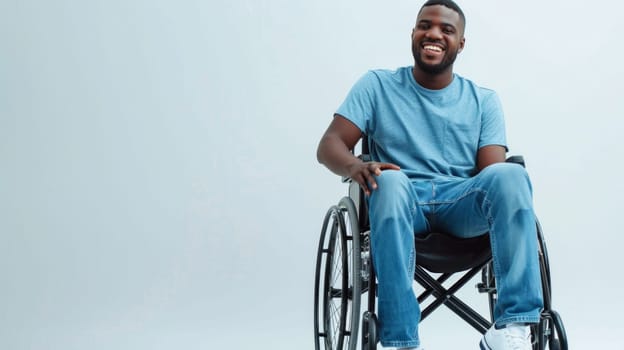 African black man with a physical disability smiling and sitting in a wheelchair isolated on white background.