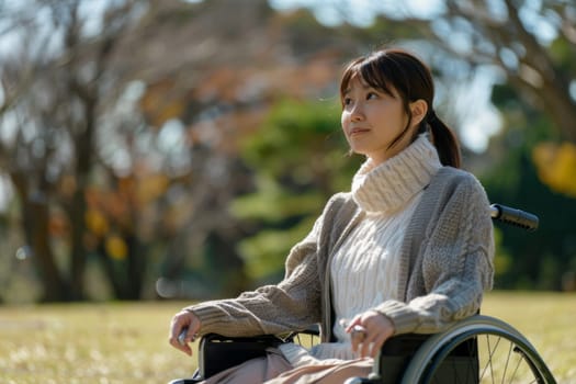 Portrait of a young disabled japanese woman sitting in a wheelchair in the park.