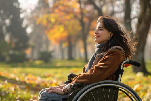 Side view of a happy disabled pretty woman sitting in a wheelchair in the park.