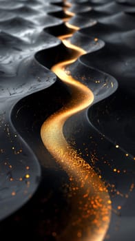Black wavy background with thin golden path wavy line in abstract art style. 3D rendering.