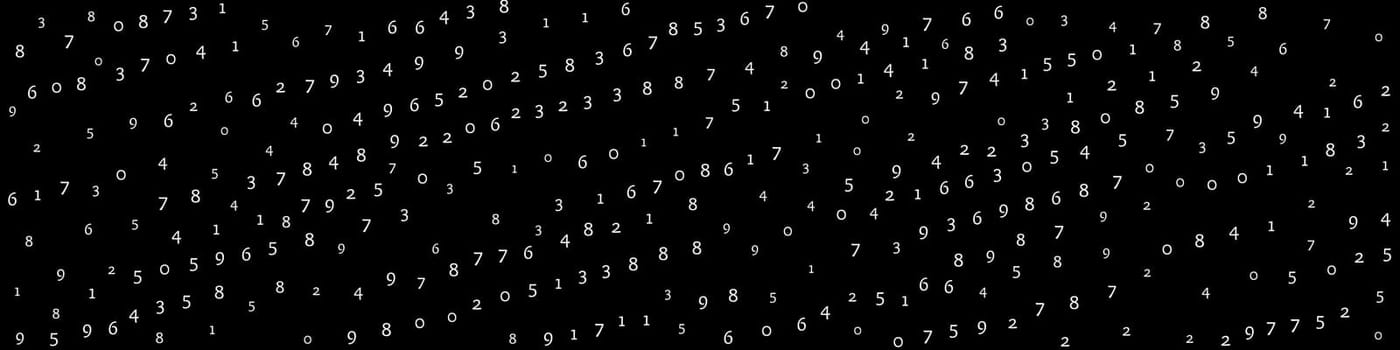 Falling numbers, big data concept. Binary white orderly flying digits. Fair futuristic banner on black background. Digital illustration with falling numbers.