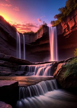 Fantasy beautiful landscape with waterfall at sunset