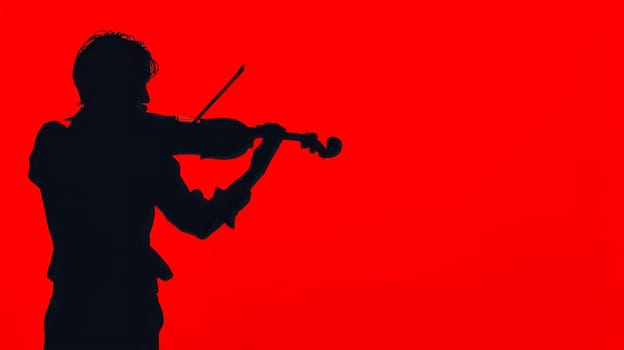 Stark silhouette of a violin player immersed in performance, set on a vibrant red backdrop