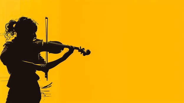 Elegant silhouette of a woman playing violin, vibrant yellow backdrop creating contrast