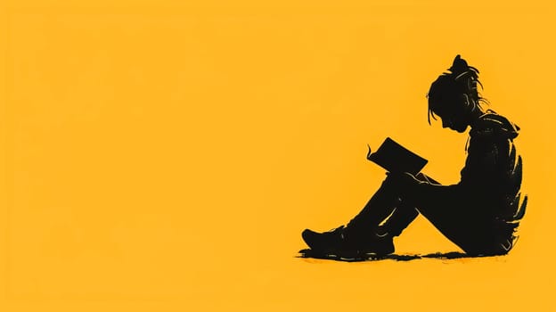 Striking silhouette of an individual deeply engaged in reading a book against a vibrant yellow backdrop