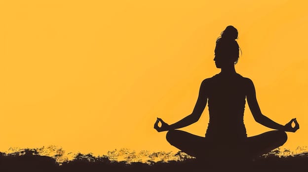 Tranquil silhouette of a woman meditating against a vibrant orange sunset backdrop