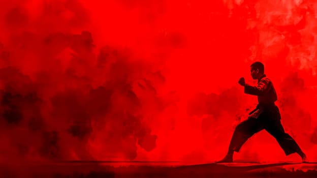 Silhouette of a martial artist in a strong stance against a vibrant red background