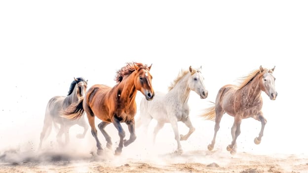 Vibrant image capturing the beauty of four horses galloping with a dust trail