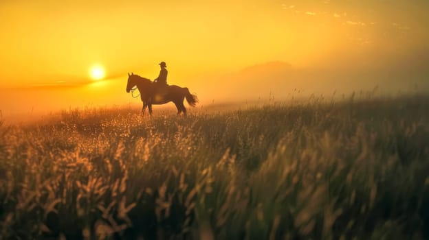 A lone rider on horseback in a misty field during a golden sunrise