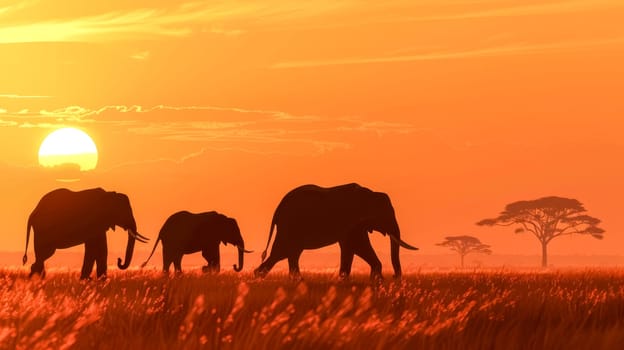 Silhouette of elephants walking in a line against a vivid sunset in the african savanna