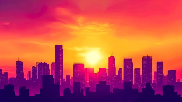 Colorful illustration of a city skyline against a stunning sunset gradient