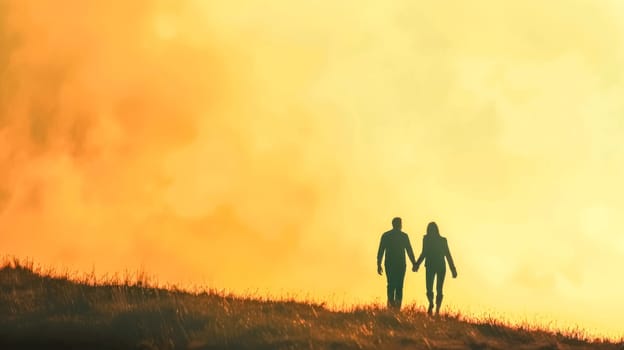 Romantic pair holds hands against a vibrant sunset background on a hill