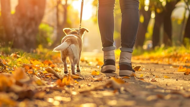 Person walking a small dog among fallen leaves in the warm glow of an autumn sunset