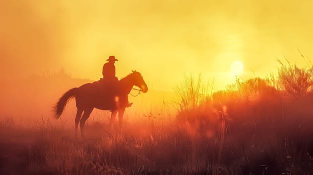 Lone cowboy on horseback is silhouetted against a golden sunset in a serene field