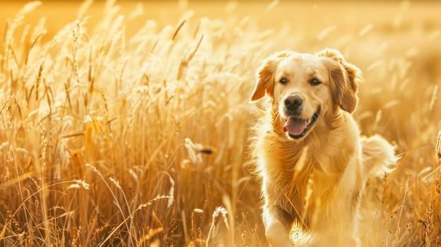 A happy golden retriever dog amidst a golden wheat field at sunset