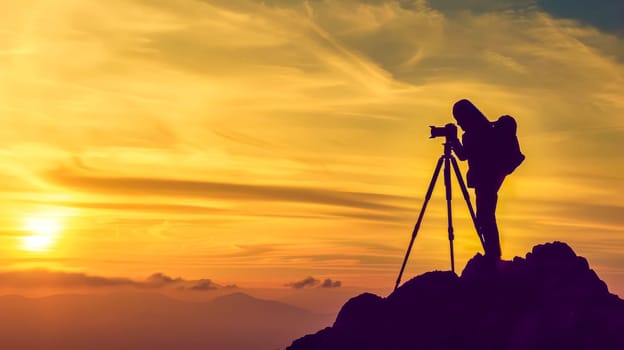 Photographer stands on a rocky peak against a vivid sunset sky, taking a photo