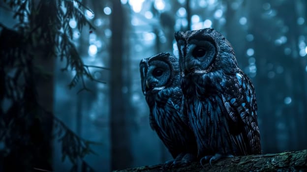 Two owls perch silently on a branch in a foggy, moonlit woodland