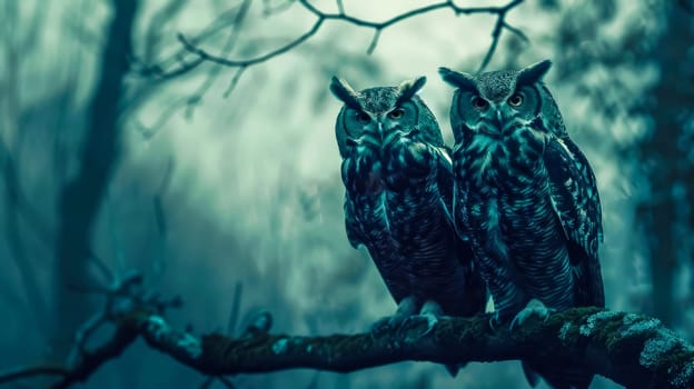 Captivating image of two owls on a branch with a moody, blue-toned backdrop