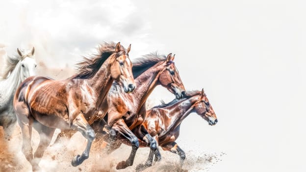Powerful image of galloping horses stirring up a cloud of dust against a light backdrop