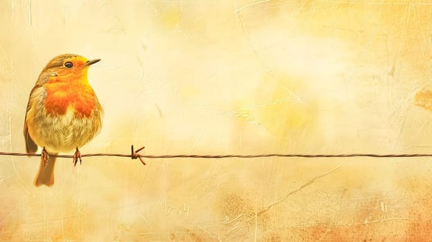Vibrant robin perched on barbed wire with a textured vintage background