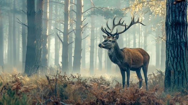 Serene stag with impressive antlers stands among foggy woods at sunrise