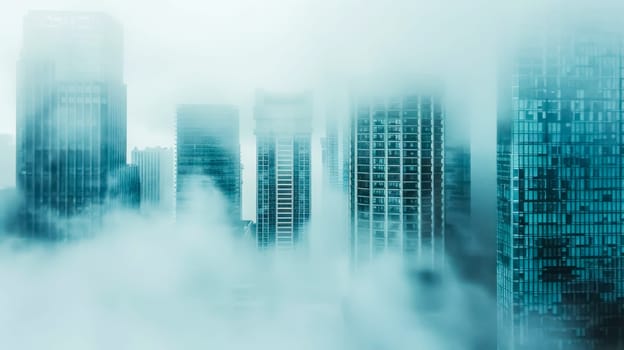 Ethereal view of skyscrapers shrouded in mist with a cool blue tone