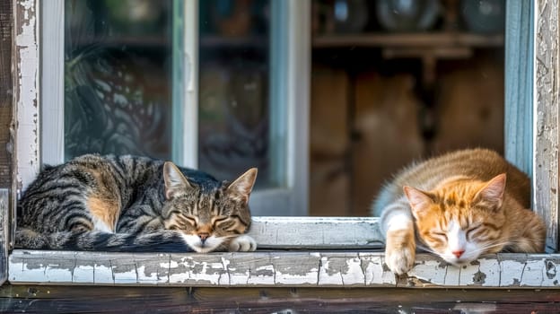 Two peaceful cats sleep soundly on the ledge of an old wooden window in the warm sunlight