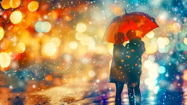 Silhouette of a person under a red umbrella amidst snowfall and festive city lights
