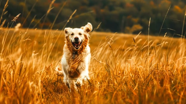 Joyful golden retriever runs through a field of tall golden grass