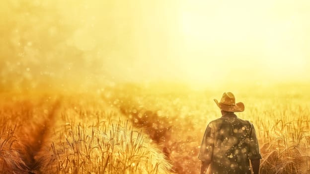 Farmer stands amidst a golden wheat field bathed in the warm light of sunset