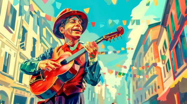 Vibrant illustration of a smiling street musician playing guitar amidst festive decorations