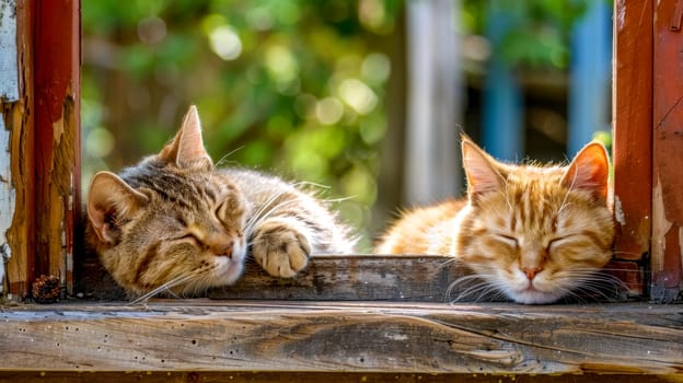 Heartwarming scene of two adorable cats enjoying a sunny nap on a wooden ledge
