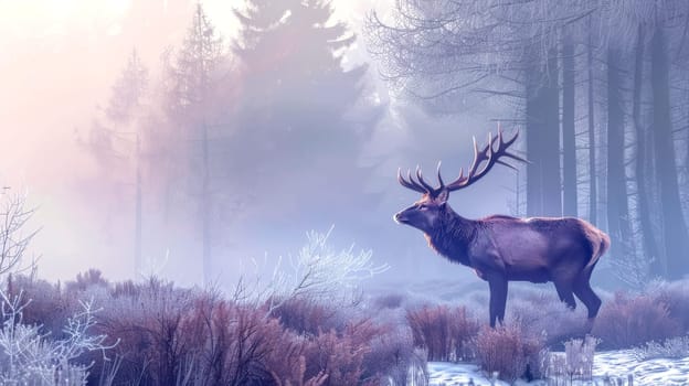 Splendid elk stands amidst frosty vegetation and fog-cloaked trees in a serene winter landscape
