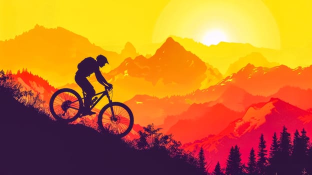 Silhouette of a cyclist riding on a mountain trail against a vibrant sunset backdrop