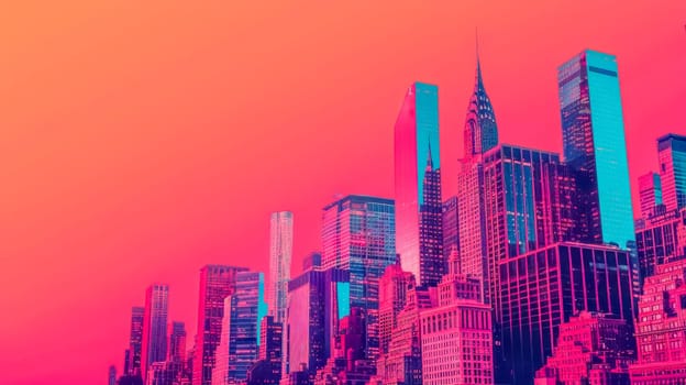 The new york city skyline stands out with a striking pink and orange gradient background at dusk