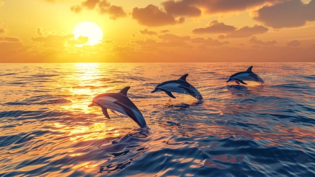 Beautiful scene of majestic dolphins leaping and jumping in the tranquil. Golden hour sunset over the ocean. Creating stunning silhouettes against the orange sky and reflecting in the calm water